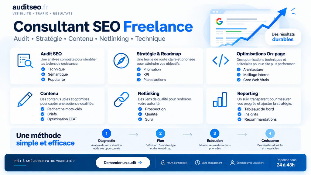 Consultant SEO freelance : audit, stratégie, contenu, netlinking et SEO technique